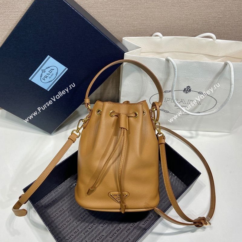 Prada Leather mini bucket bag 1BE067 Caramel Brown 2025 (YZ-250407036)