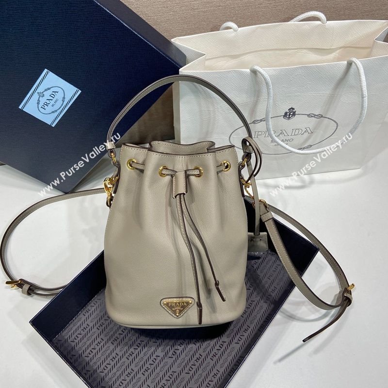 Prada Leather mini bucket bag 1BE067 Clay Grey 2025 (YZ-250407037)