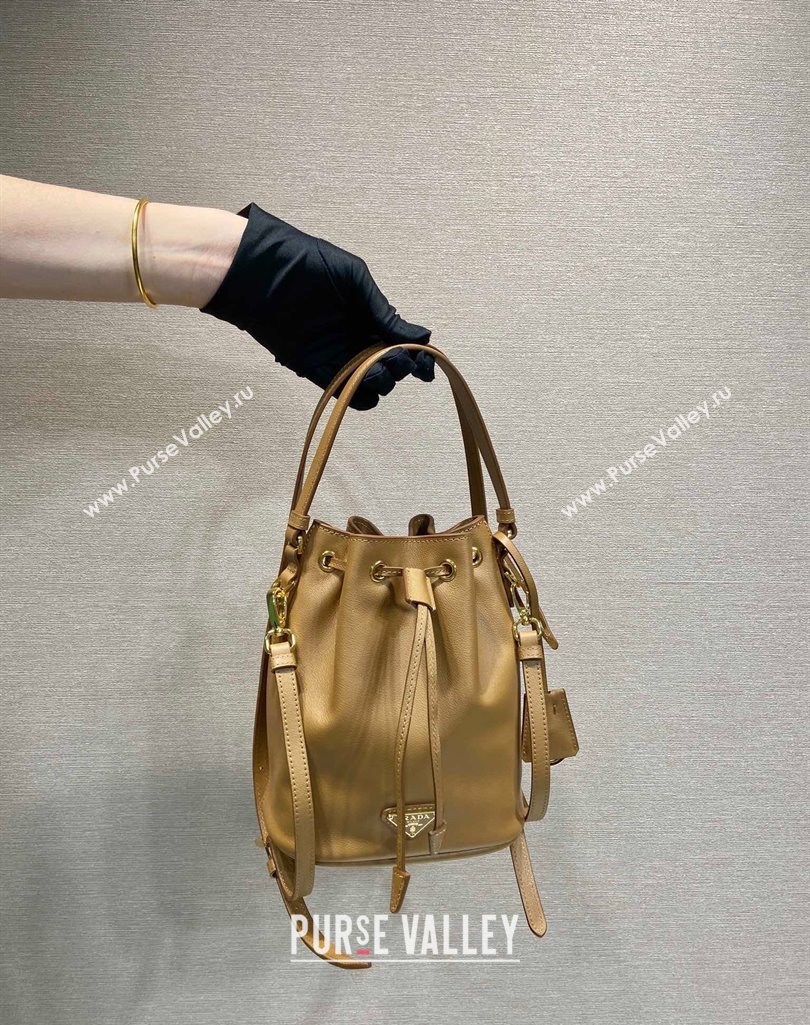 Prada Leather mini bucket bag 1BE067 Caramel Brown 2025 (YZ-250407036)
