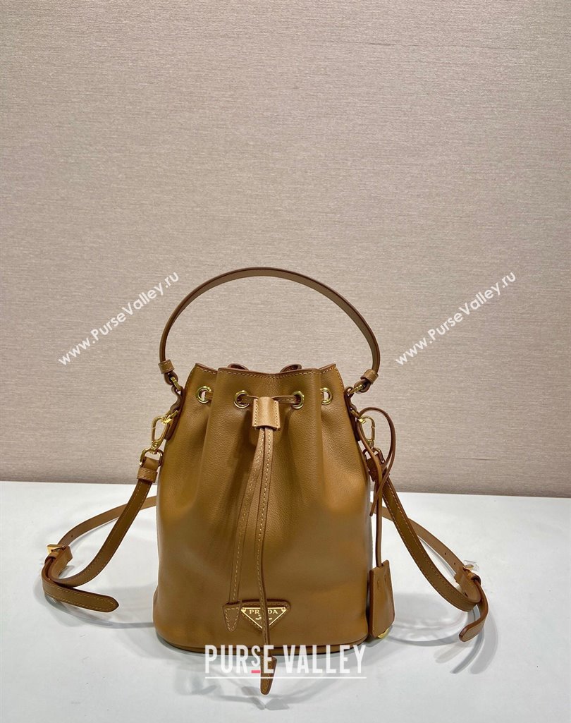 Prada Leather mini bucket bag 1BE067 Caramel Brown 2025 (YZ-250407036)