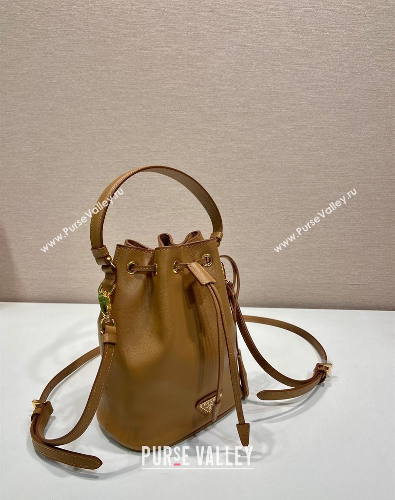Prada Leather mini bucket bag 1BE067 Caramel Brown 2025 (YZ-250407036)