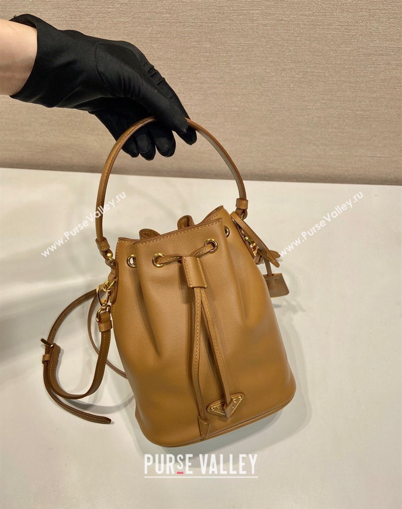 Prada Leather mini bucket bag 1BE067 Caramel Brown 2025 (YZ-250407036)