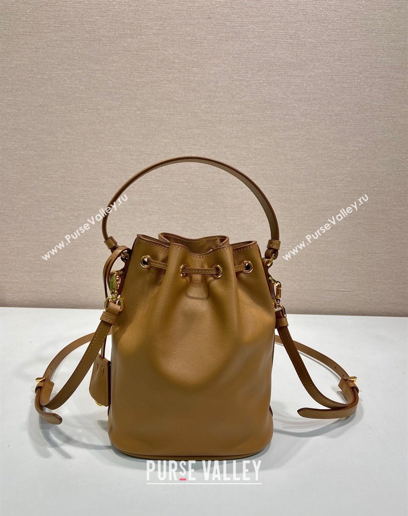 Prada Leather mini bucket bag 1BE067 Caramel Brown 2025 (YZ-250407036)