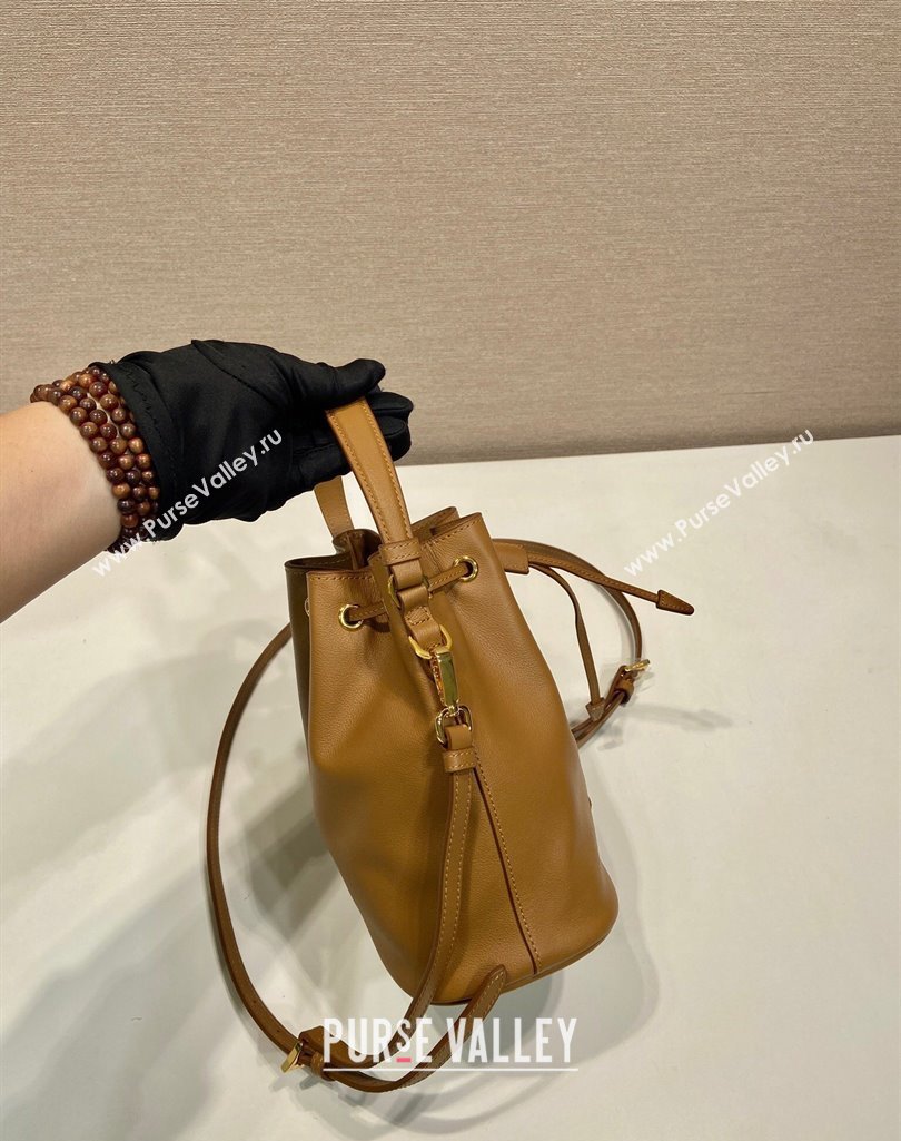 Prada Leather mini bucket bag 1BE067 Caramel Brown 2025 (YZ-250407036)