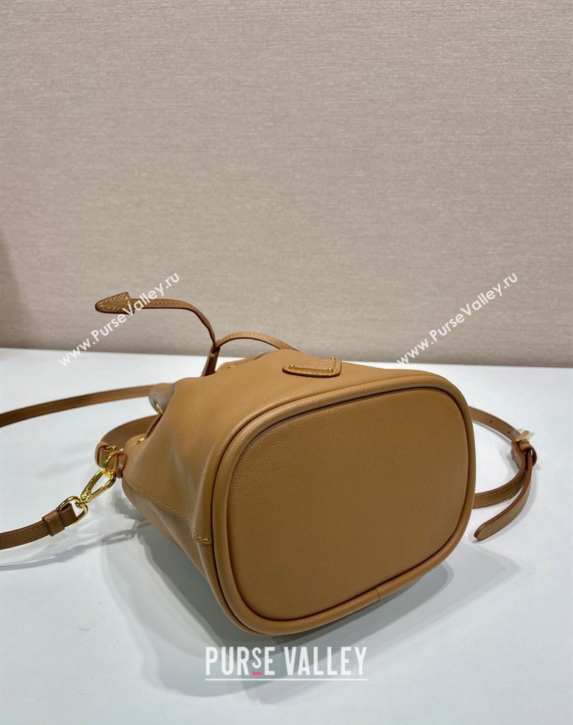 Prada Leather mini bucket bag 1BE067 Caramel Brown 2025 (YZ-250407036)