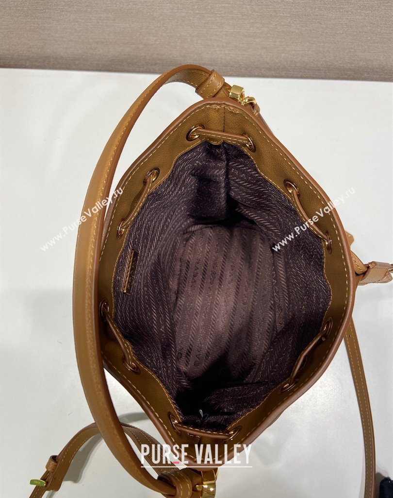 Prada Leather mini bucket bag 1BE067 Caramel Brown 2025 (YZ-250407036)
