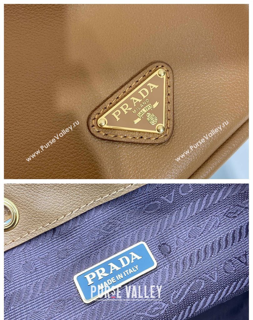 Prada Leather mini bucket bag 1BE067 Caramel Brown 2025 (YZ-250407036)