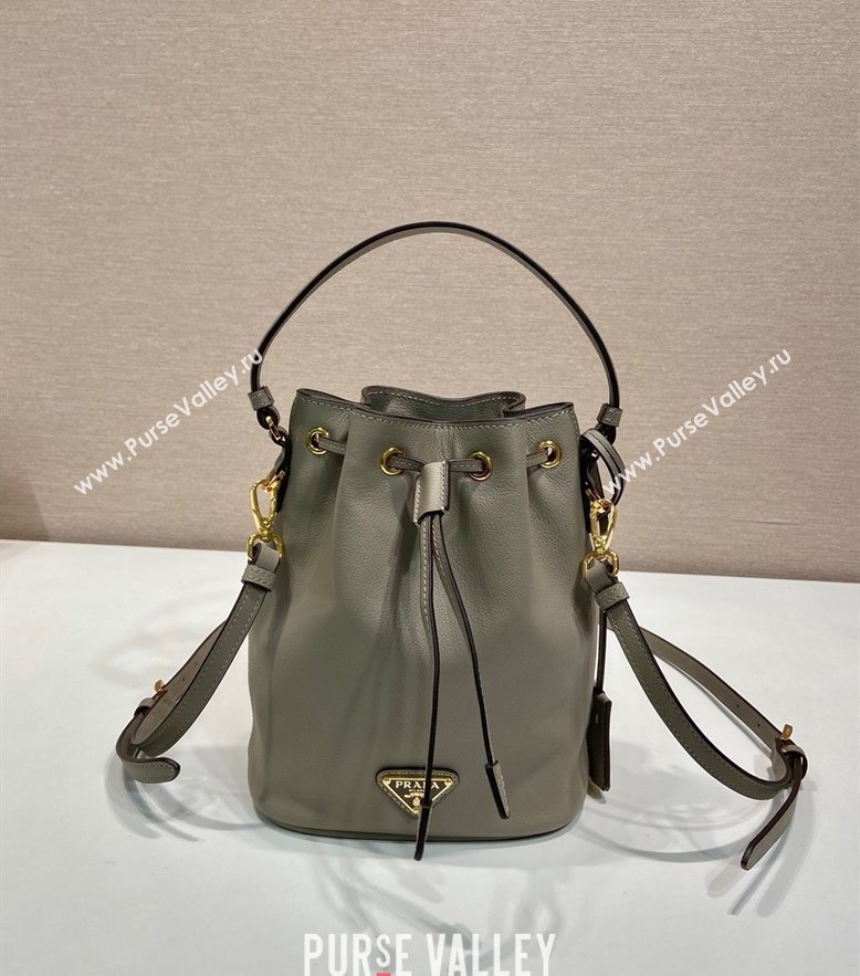 Prada Leather mini bucket bag 1BE067 Clay Grey 2025 (YZ-250407037)