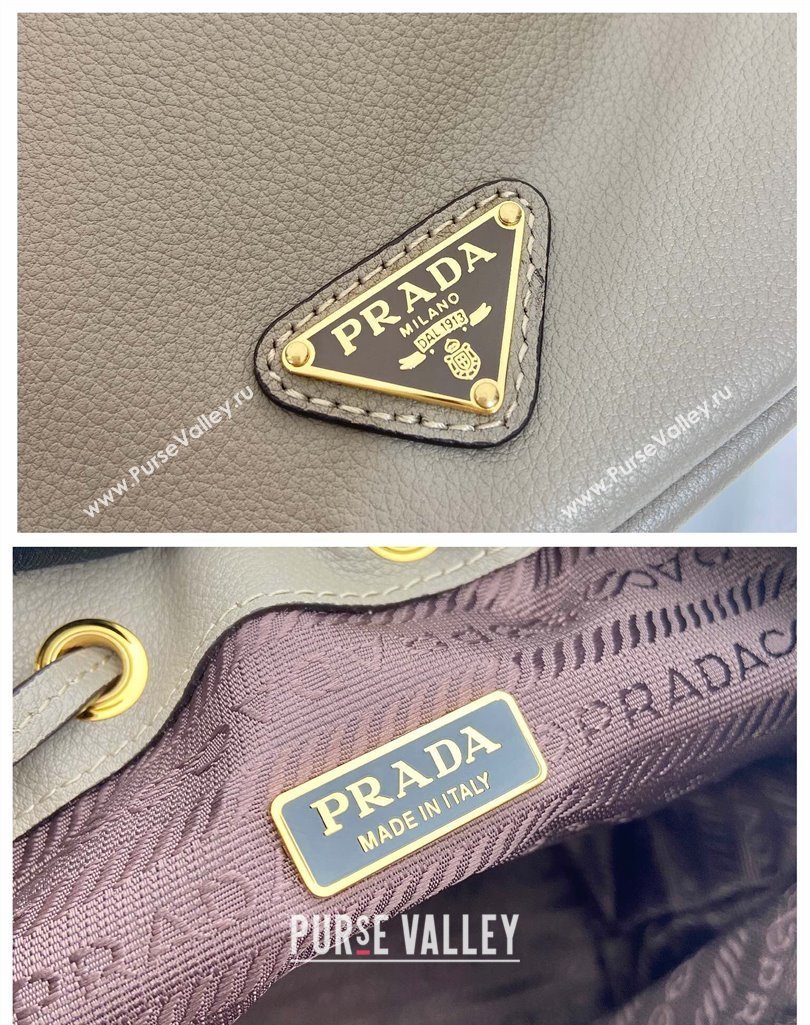 Prada Leather mini bucket bag 1BE067 Clay Grey 2025 (YZ-250407037)