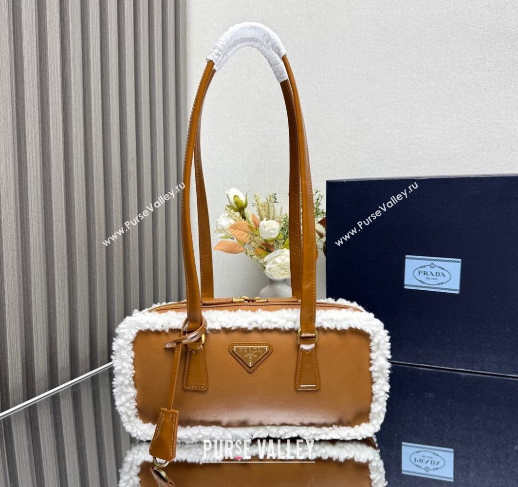 Prada Medium shearling two-handle bag Cognac Brown 1BB124 2025 (YZ-250407042)
