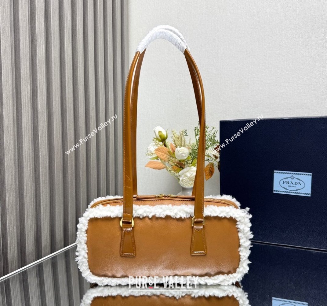 Prada Medium shearling two-handle bag Cognac Brown 1BB124 2025 (YZ-250407042)