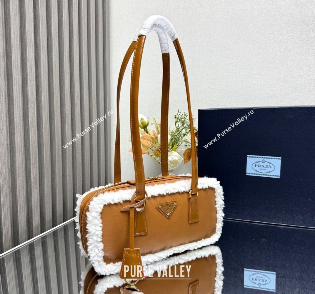 Prada Medium shearling two-handle bag Cognac Brown 1BB124 2025 (YZ-250407042)