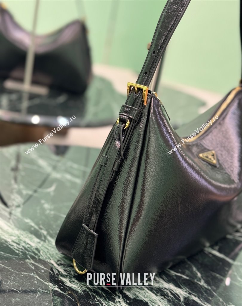 Prada Aimee Hobo Bag in Patent Crinkled Leather 1BC228 Black 2025 (YZ-250407054)