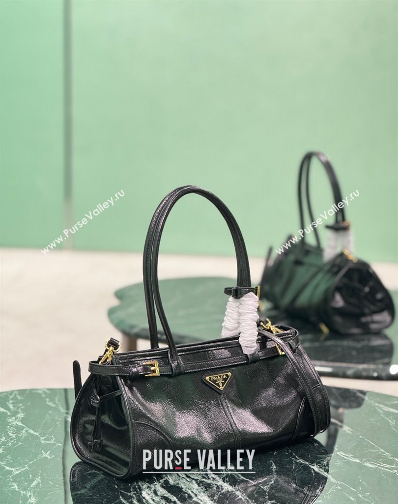Prada Medium handbag in Patent Crinkled Leather 1BA426 Black 2025 (YZ-250407055)