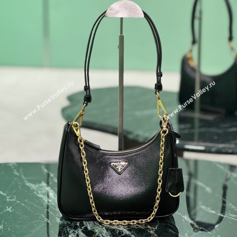 Prada Re-Edition mini Hobo bag in Patent Crinkled Leather Black 2025 1BC204 (YZ-250407056)