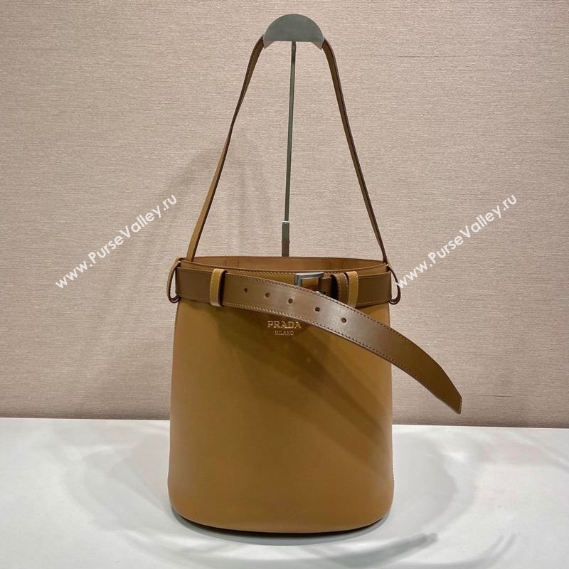 Prada Buckle leather bucket bag with belt 1BE085 Caramel Brown 2025 (YZ-250407067)