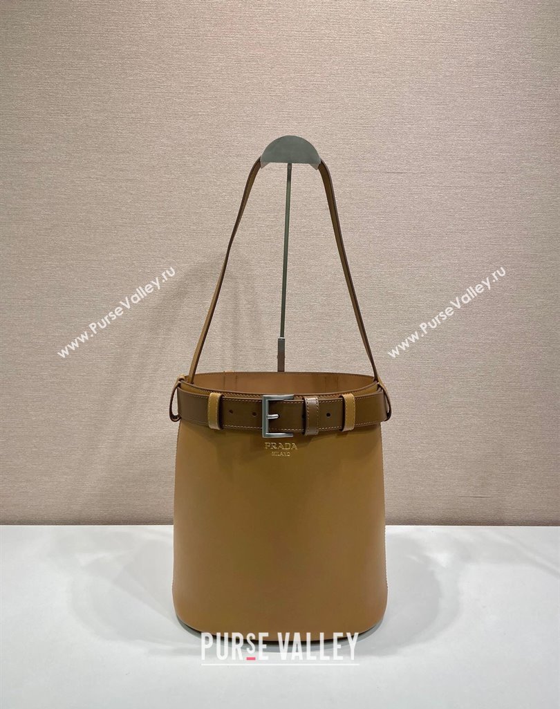 Prada Buckle leather bucket bag with belt 1BE085 Caramel Brown 2025 (YZ-250407067)