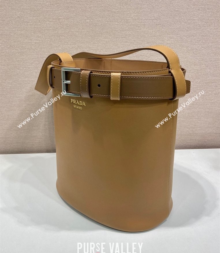 Prada Buckle leather bucket bag with belt 1BE085 Caramel Brown 2025 (YZ-250407067)