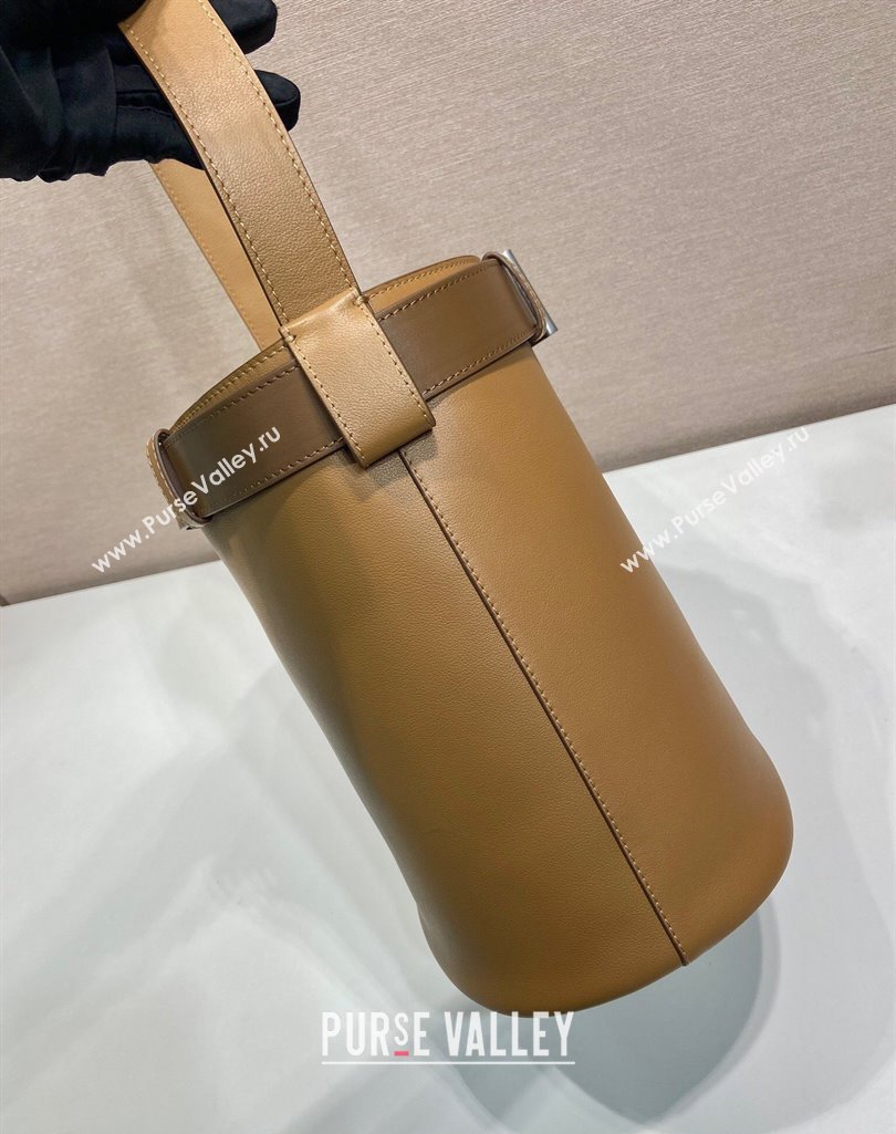 Prada Buckle leather bucket bag with belt 1BE085 Caramel Brown 2025 (YZ-250407067)
