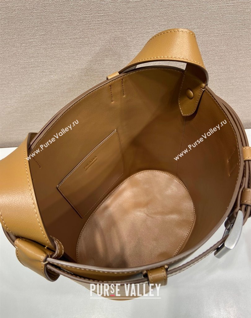 Prada Buckle leather bucket bag with belt 1BE085 Caramel Brown 2025 (YZ-250407067)