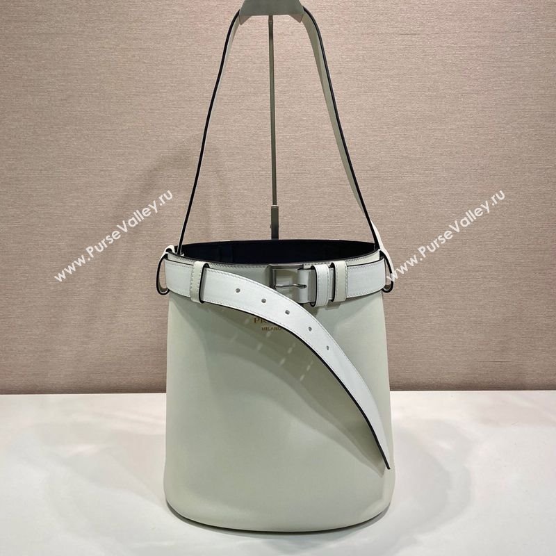 Prada Buckle leather bucket bag with belt 1BE085 White 2025 (YZ-250407068)