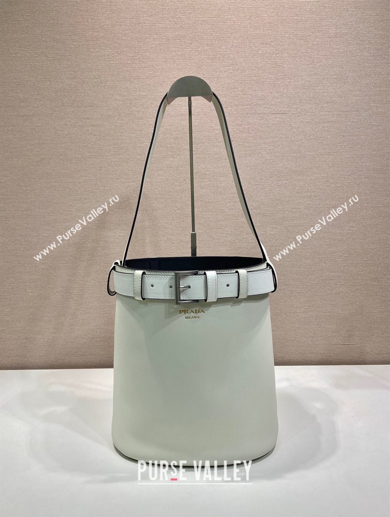 Prada Buckle leather bucket bag with belt 1BE085 White 2025 (YZ-250407068)
