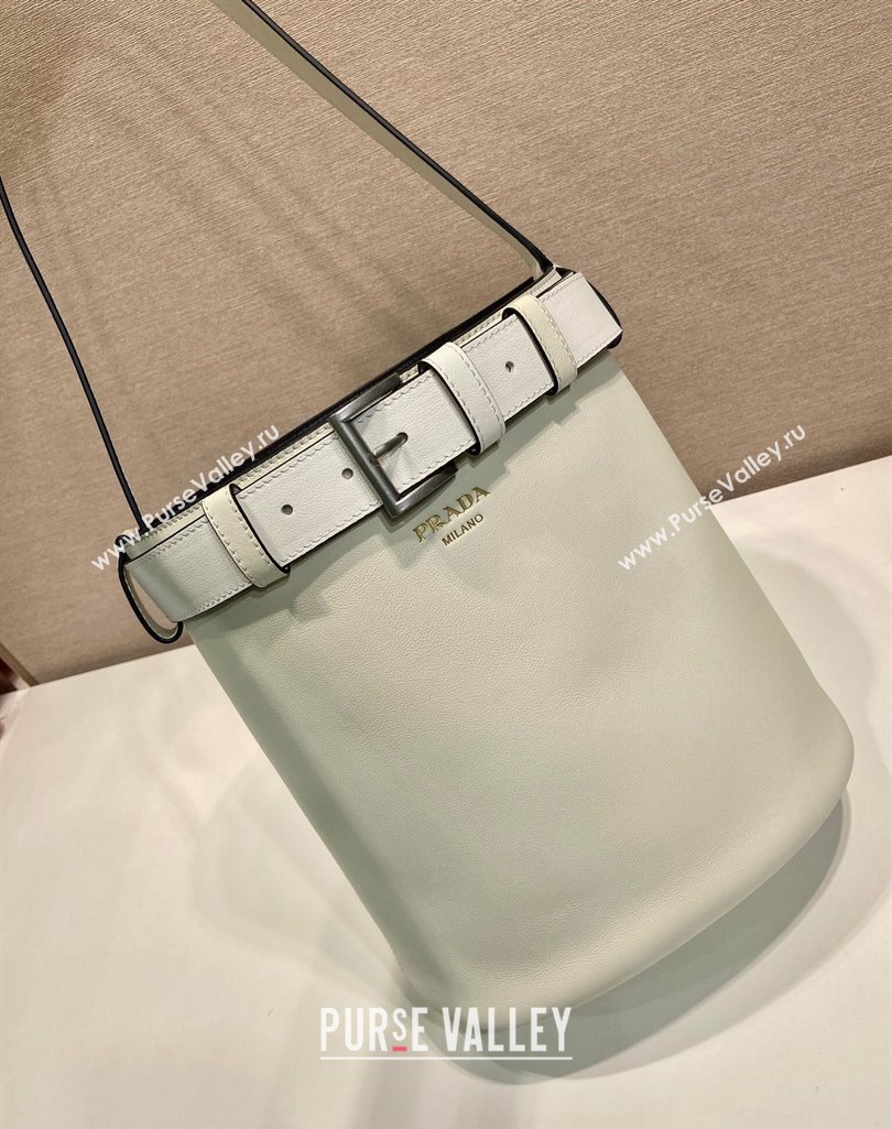 Prada Buckle leather bucket bag with belt 1BE085 White 2025 (YZ-250407068)