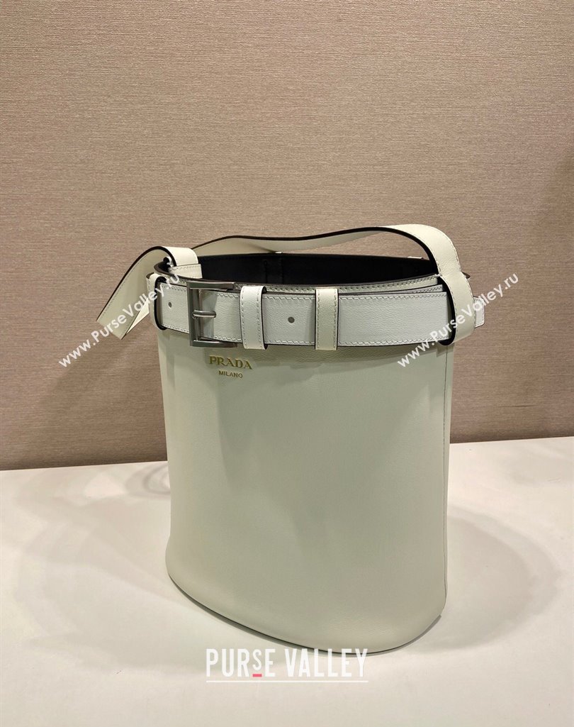 Prada Buckle leather bucket bag with belt 1BE085 White 2025 (YZ-250407068)
