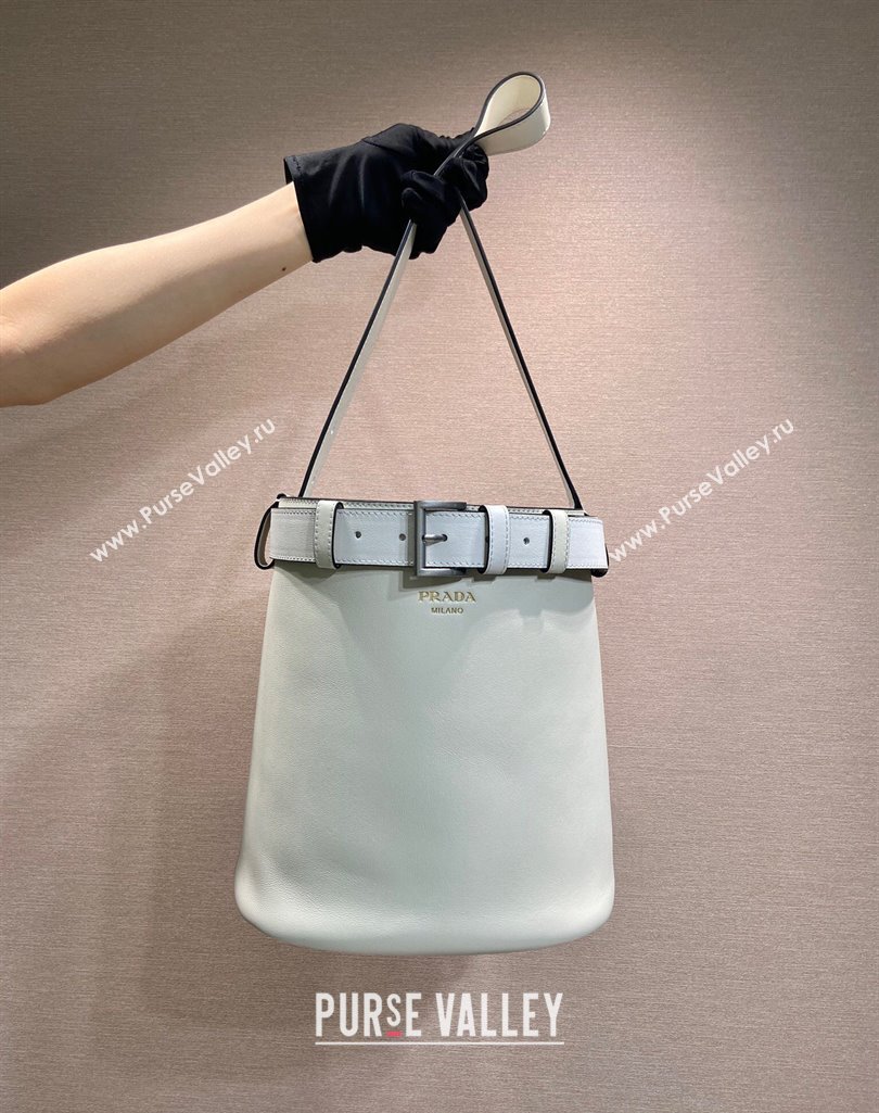 Prada Buckle leather bucket bag with belt 1BE085 White 2025 (YZ-250407068)