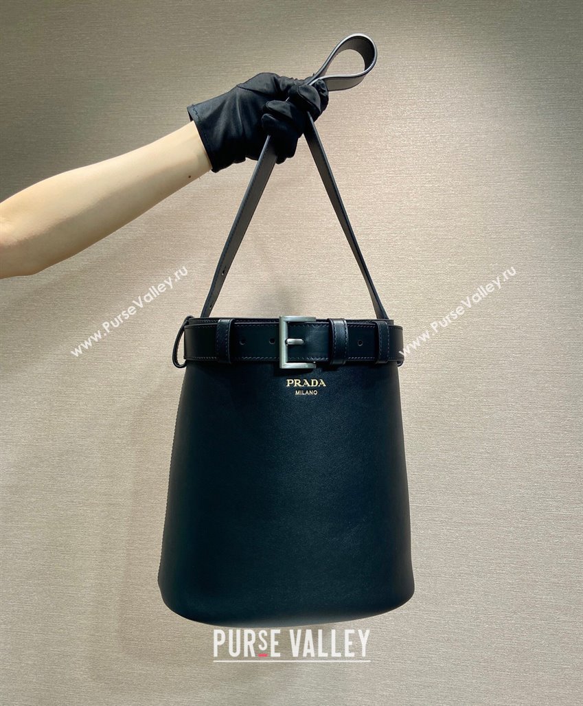 Prada Buckle leather bucket bag with belt 1BE085 Black 2025 (YZ-250407069)