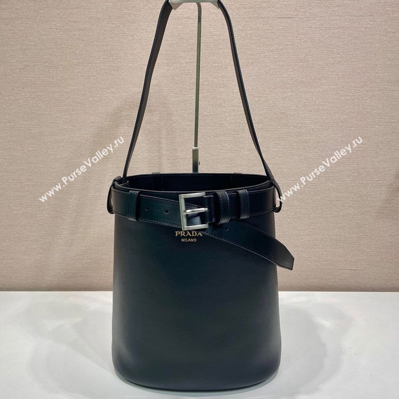 Prada Buckle leather bucket bag with belt 1BE085 Black 2025 (YZ-250407069)