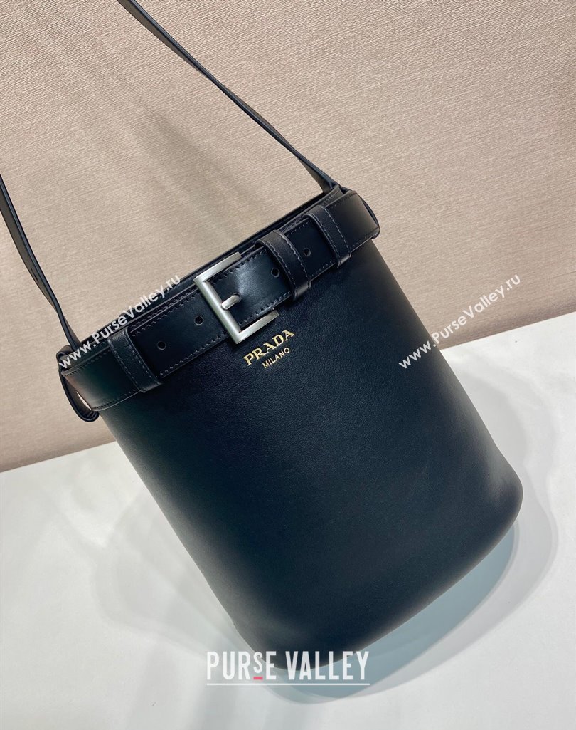 Prada Buckle leather bucket bag with belt 1BE085 Black 2025 (YZ-250407069)