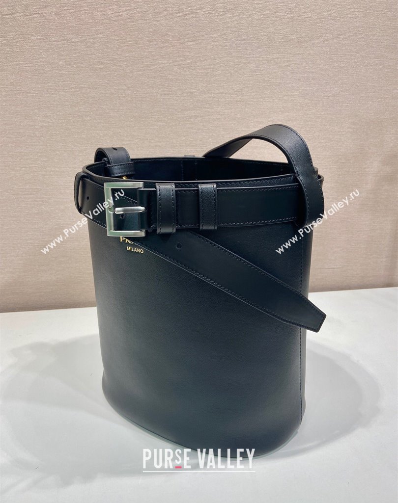 Prada Buckle leather bucket bag with belt 1BE085 Black 2025 (YZ-250407069)