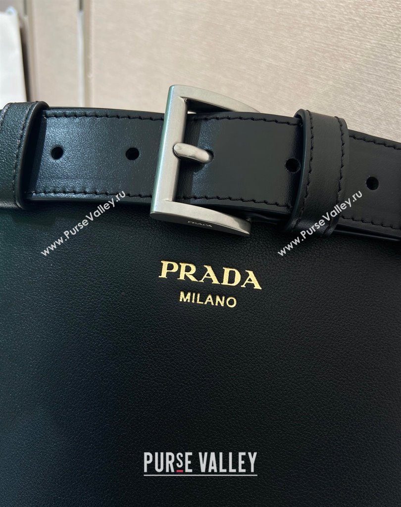 Prada Buckle leather bucket bag with belt 1BE085 Black 2025 (YZ-250407069)