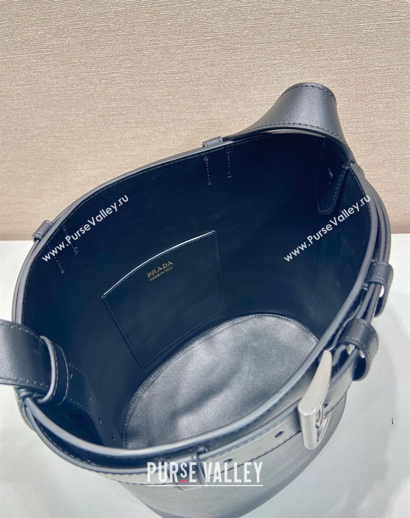 Prada Buckle leather bucket bag with belt 1BE085 Black 2025 (YZ-250407069)