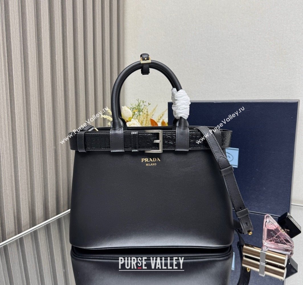 Prada Buckle medium handbag with belt in Leather and Crocodile Embossed 1BA434 Black 2025 (YZ-250407050)
