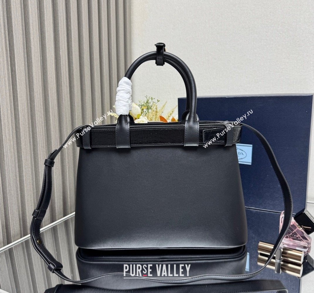 Prada Buckle medium handbag with belt in Leather and Crocodile Embossed 1BA434 Black 2025 (YZ-250407050)