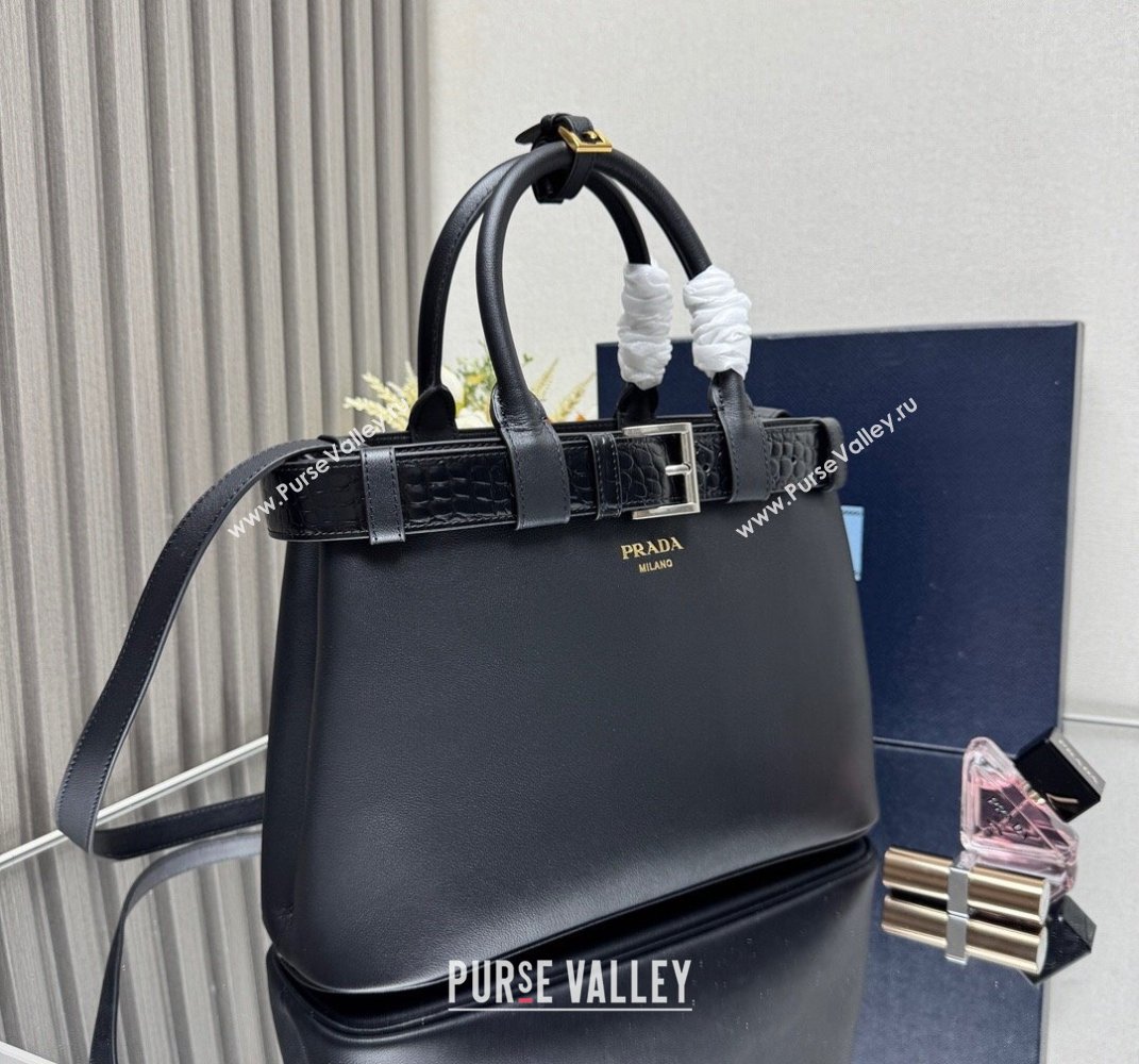 Prada Buckle medium handbag with belt in Leather and Crocodile Embossed 1BA434 Black 2025 (YZ-250407050)