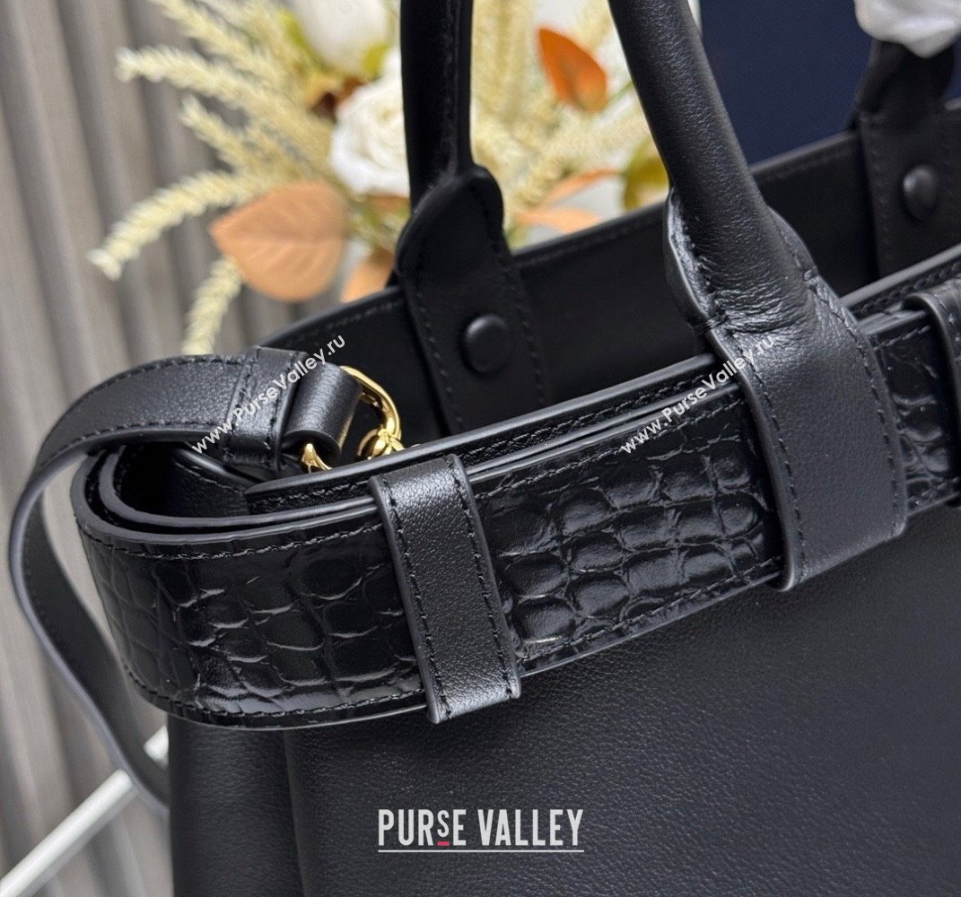 Prada Buckle medium handbag with belt in Leather and Crocodile Embossed 1BA434 Black 2025 (YZ-250407050)