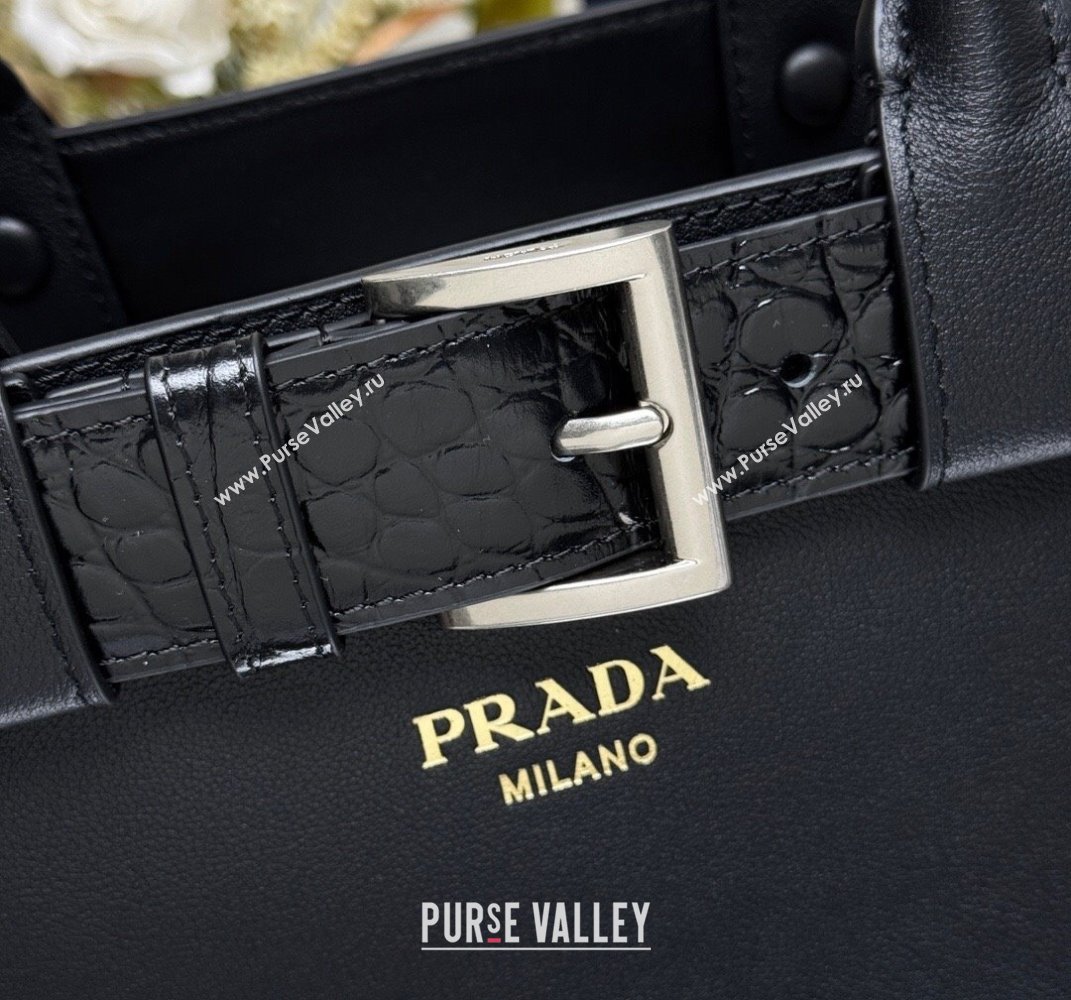 Prada Buckle medium handbag with belt in Leather and Crocodile Embossed 1BA434 Black 2025 (YZ-250407050)