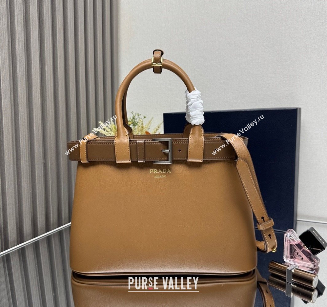 Prada Buckle medium leather handbag with belt 1BA434 Brown 2025 (YZ-250407051)