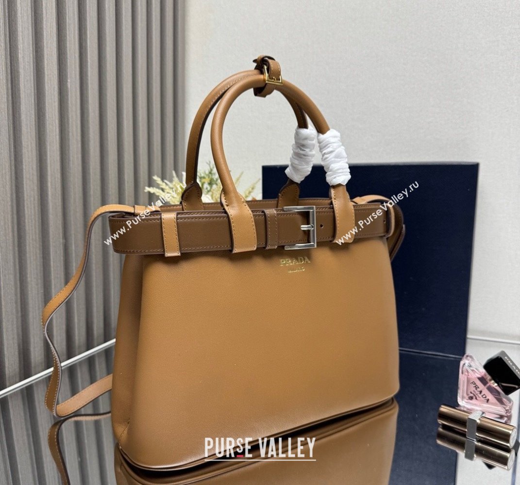 Prada Buckle medium leather handbag with belt 1BA434 Brown 2025 (YZ-250407051)