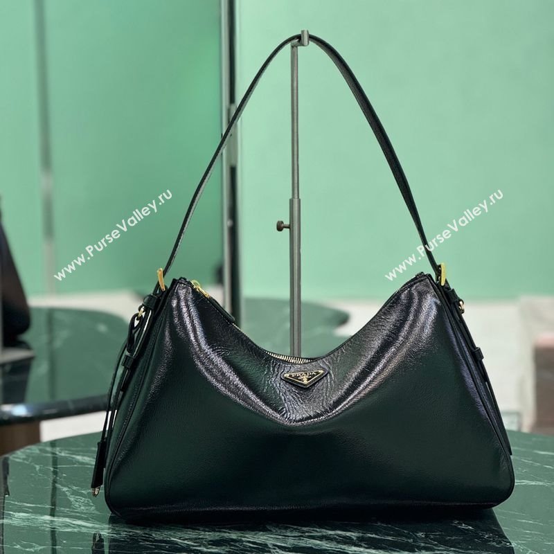 Prada Aimee Hobo Bag in Patent Crinkled Leather 1BC228 Black 2025 (YZ-250407054)