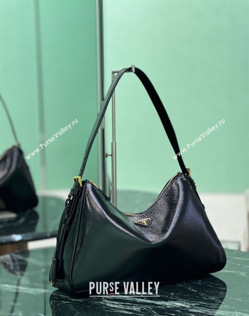 Prada Aimee Hobo Bag in Patent Crinkled Leather 1BC228 Black 2025 (YZ-250407054)