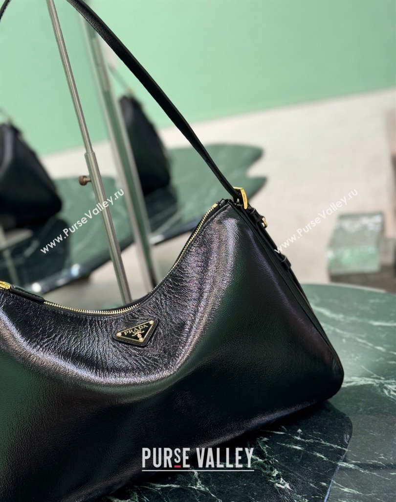 Prada Aimee Hobo Bag in Patent Crinkled Leather 1BC228 Black 2025 (YZ-250407054)
