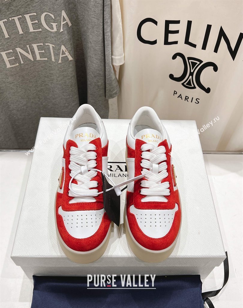 Prada Downtown Bold Nappa Leather and Suede Sneakers White/Red 2025 1E792M (MD-250424097)