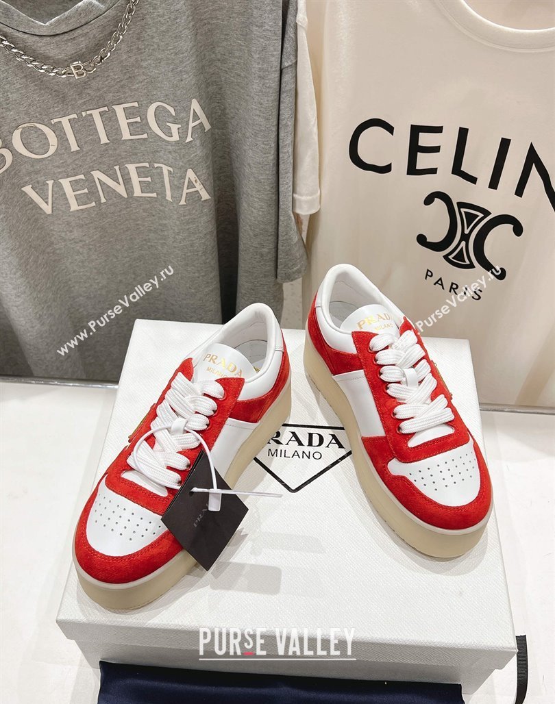 Prada Downtown Bold Nappa Leather and Suede Sneakers White/Red 2025 1E792M (MD-250424097)
