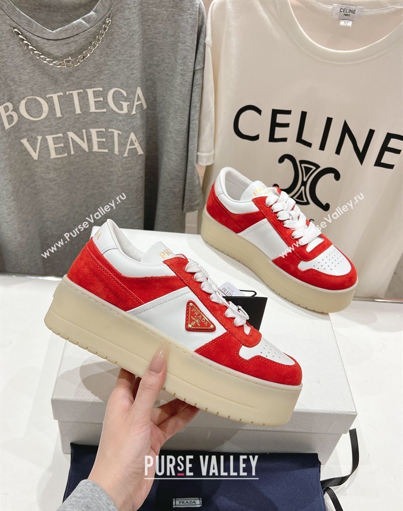 Prada Downtown Bold Nappa Leather and Suede Sneakers White/Red 2025 1E792M (MD-250424097)