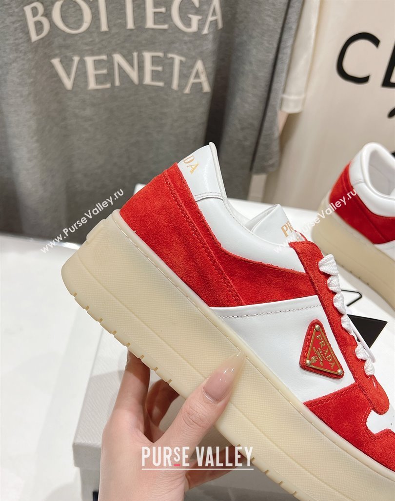 Prada Downtown Bold Nappa Leather and Suede Sneakers White/Red 2025 1E792M (MD-250424097)