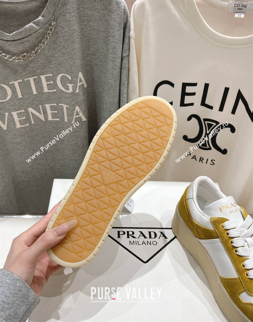 Prada Downtown Bold Nappa Leather and Suede Sneakers White/Yellow 2025 1E792M (MD-250424098)